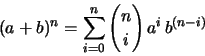 \begin{displaymath}
(a+b)^n = \sum_{i=0}^{n} {n\choose i}\,a^i\,b^{(n-i)}
\end{displaymath}